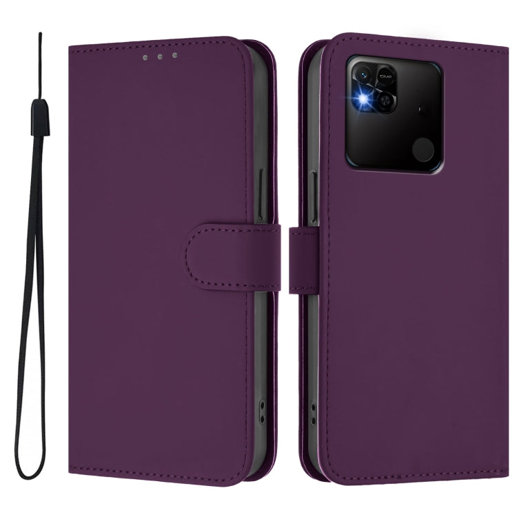 For Redmi 10A Skin Feel Solid Color Leather Phone Case with Lanyard