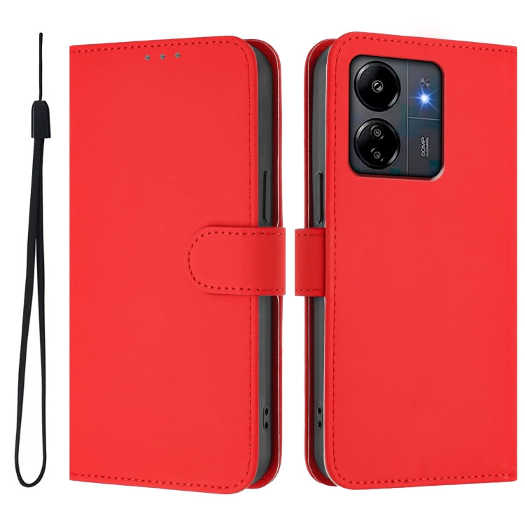 For Redmi 13C 4G Global Skin Feel Solid Color Leather Phone Case with Lanyard
