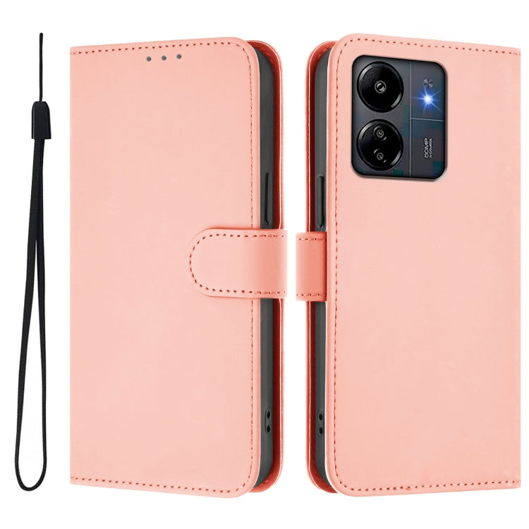 For Redmi 13C 4G Global Skin Feel Solid Color Leather Phone Case with Lanyard