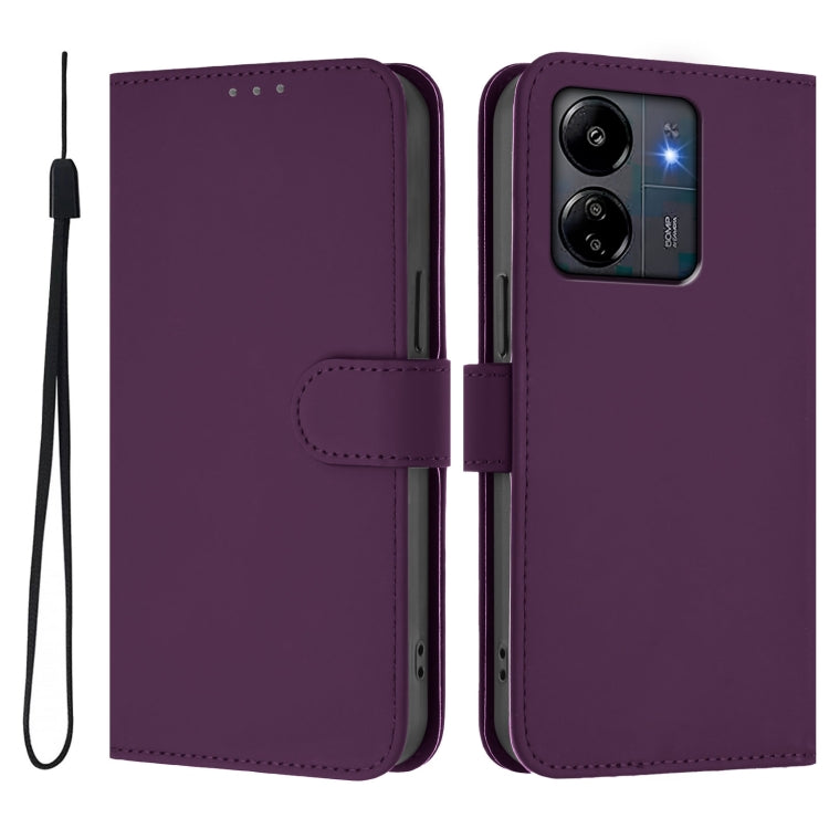 For Redmi 13C 4G Global Skin Feel Solid Color Leather Phone Case with Lanyard