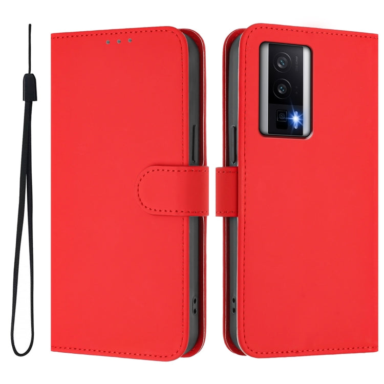 For Xiaomi Poco F5 Pro Skin Feel Solid Color Leather Phone Case with Lanyard