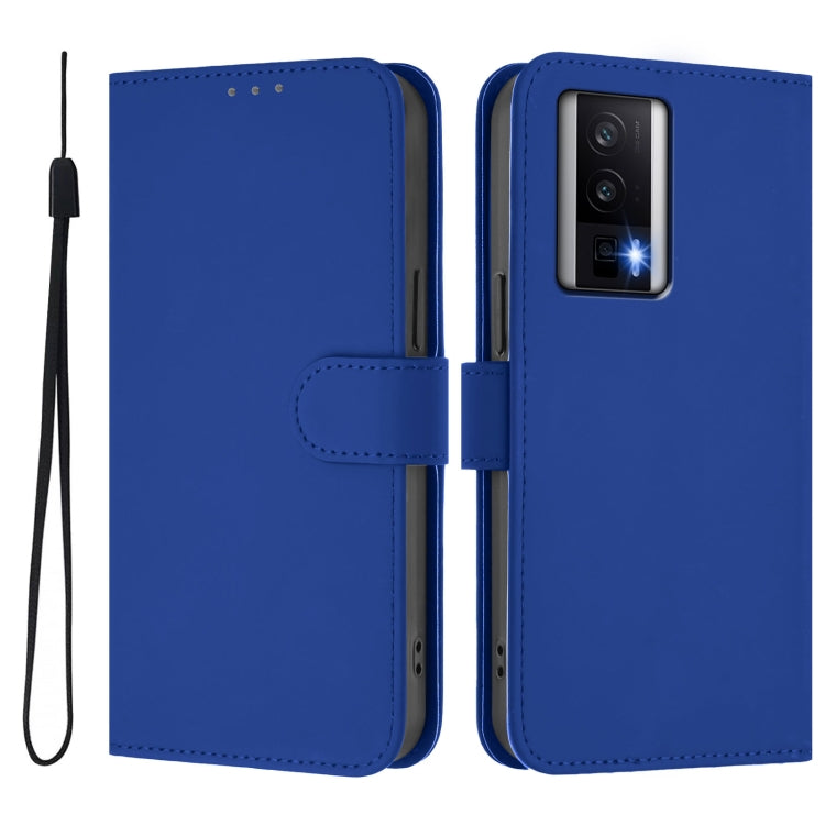 For Xiaomi Poco F5 Pro Skin Feel Solid Color Leather Phone Case with Lanyard