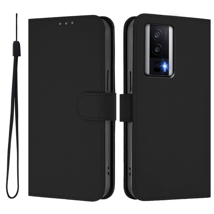 For Xiaomi Poco F5 Pro Skin Feel Solid Color Leather Phone Case with Lanyard