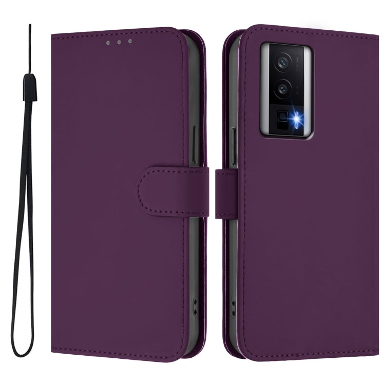 For Xiaomi Poco F5 Pro Skin Feel Solid Color Leather Phone Case with Lanyard