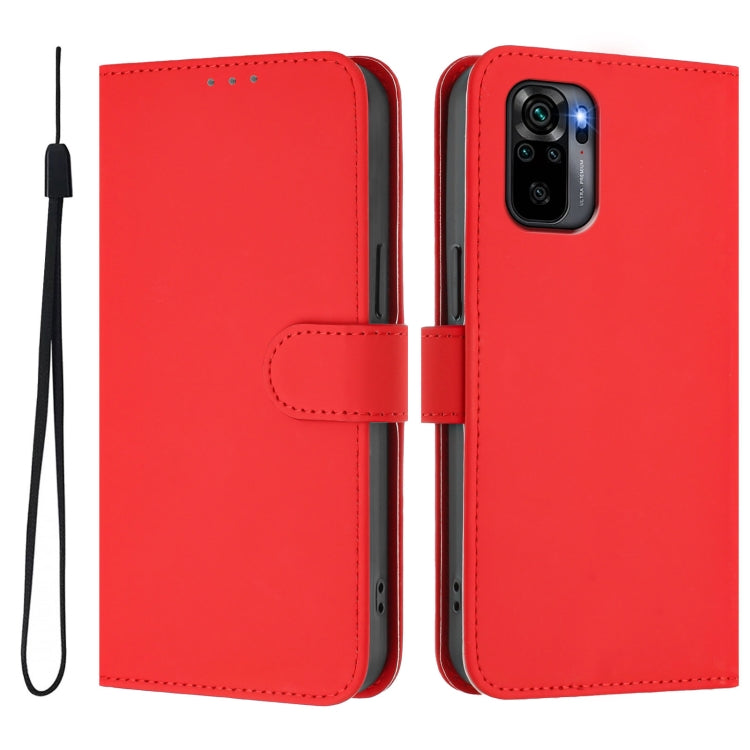 For Xiaomi Poco M5s Skin Feel Solid Color Leather Phone Case with Lanyard