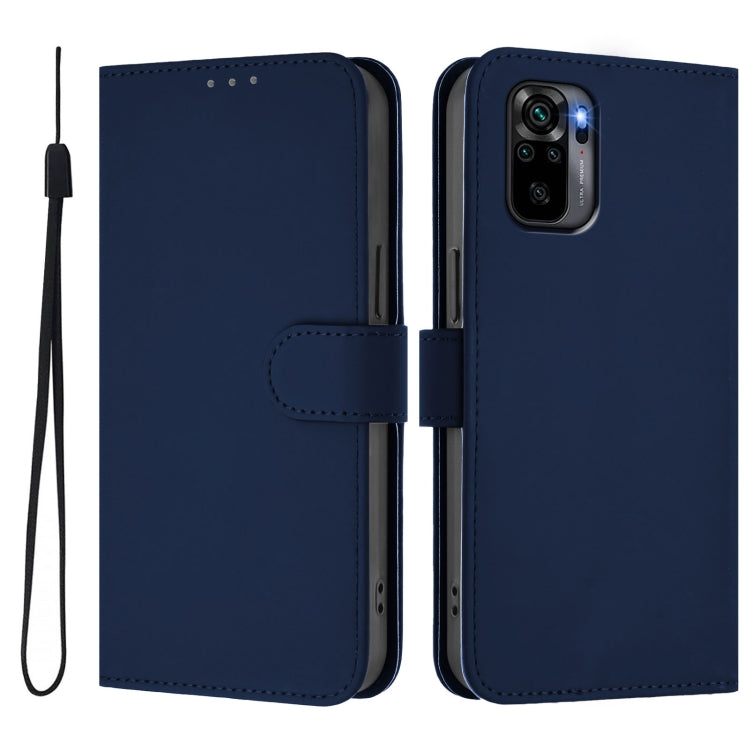 For Xiaomi Poco M5s Skin Feel Solid Color Leather Phone Case with Lanyard