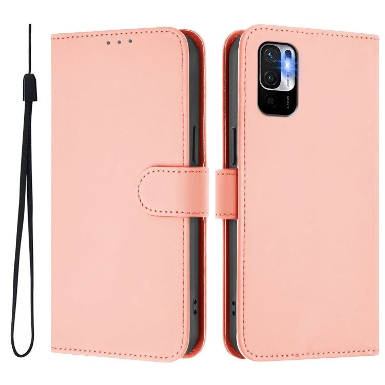 For Xiaomi Poco M3 Pro Skin Feel Solid Color Leather Phone Case with Lanyard