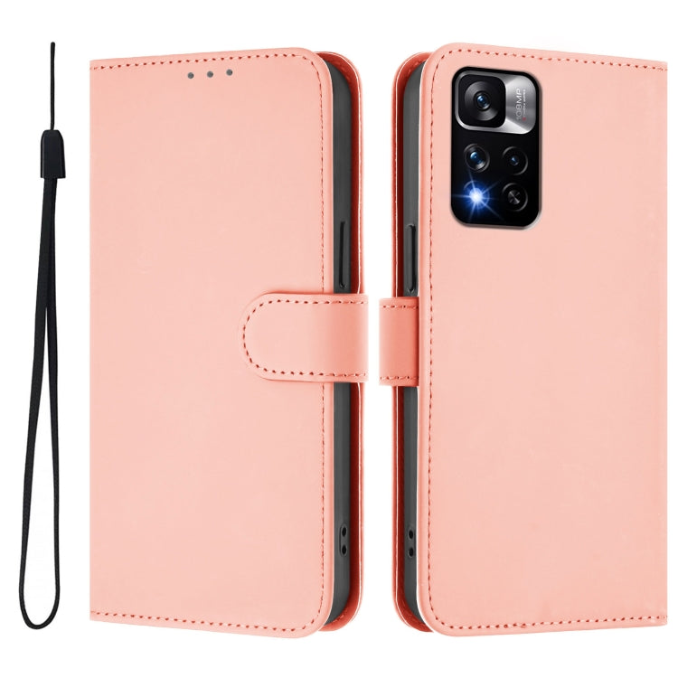 For Xiaomi Poco X4 NFC 5G Skin Feel Solid Color Leather Phone Case with Lanyard
