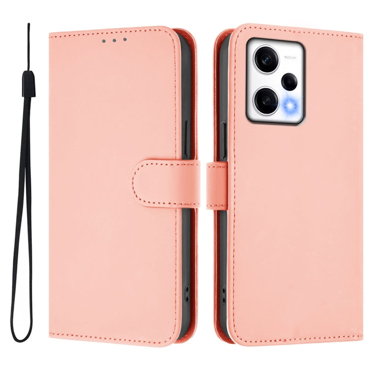 For Xiaomi Poco X5 Pro Skin Feel Solid Color Leather Phone Case with Lanyard