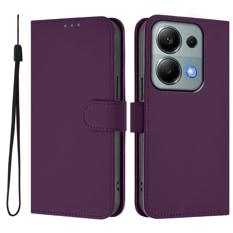 For Xiaomi Poco M6 Pro 4G Skin Feel Solid Color Leather Phone Case with Lanyard