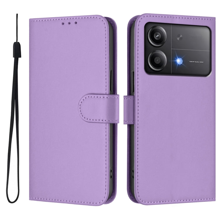 For Xiaomi Poco X6 Neo 5G Global Skin Feel Solid Color Leather Phone Case with Lanyard