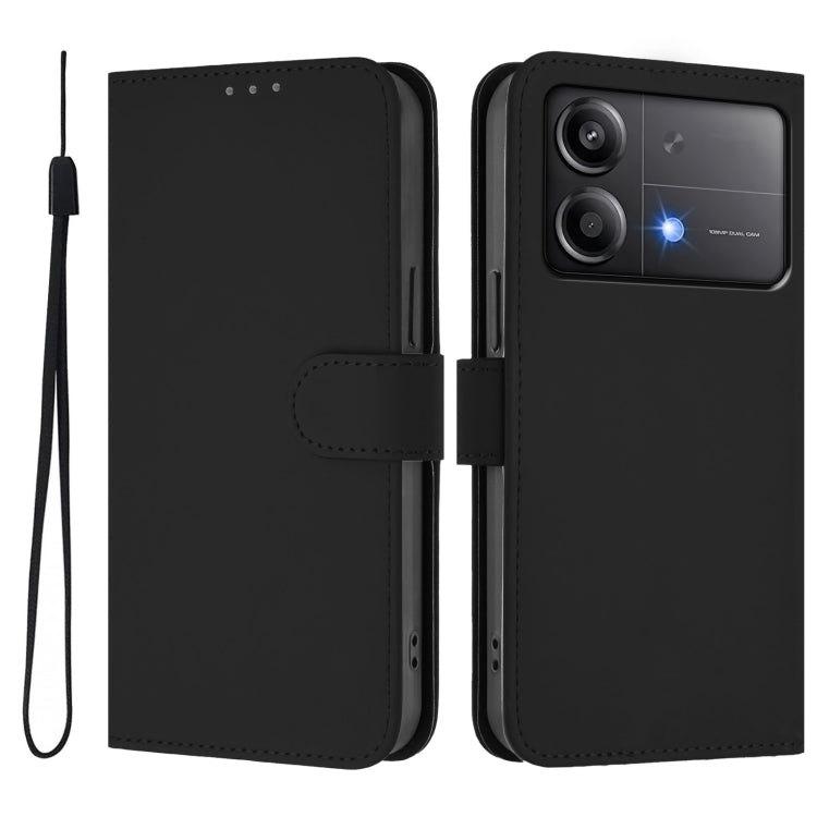 For Xiaomi Poco X6 Neo 5G Global Skin Feel Solid Color Leather Phone Case with Lanyard