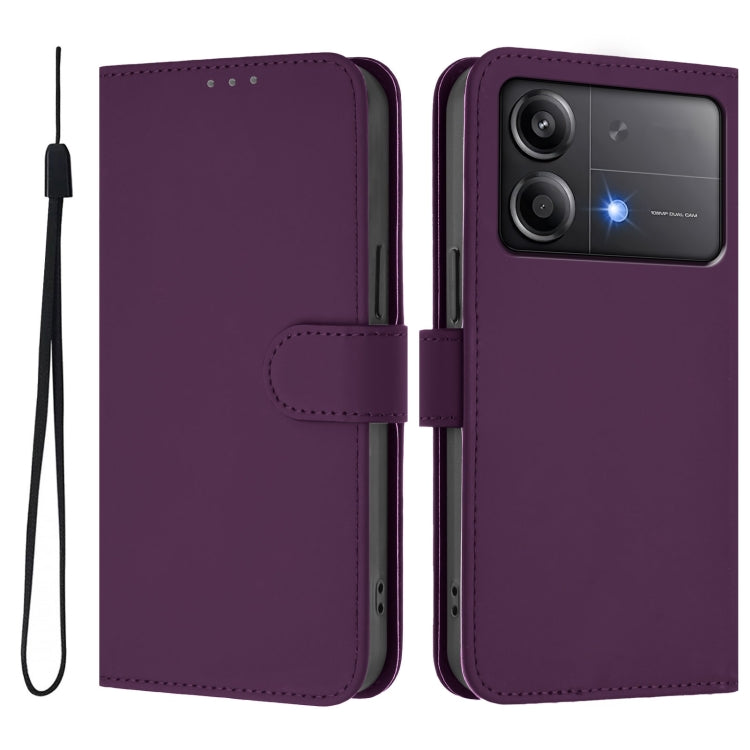For Xiaomi Poco X6 Neo 5G Global Skin Feel Solid Color Leather Phone Case with Lanyard