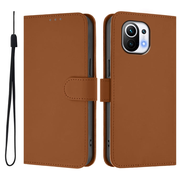 For Xiaomi Mi 11 Skin Feel Solid Color Leather Phone Case with Lanyard