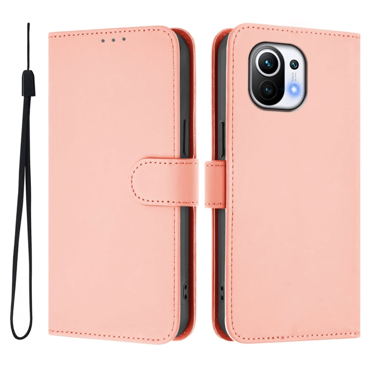 For Xiaomi Mi 11 Skin Feel Solid Color Leather Phone Case with Lanyard