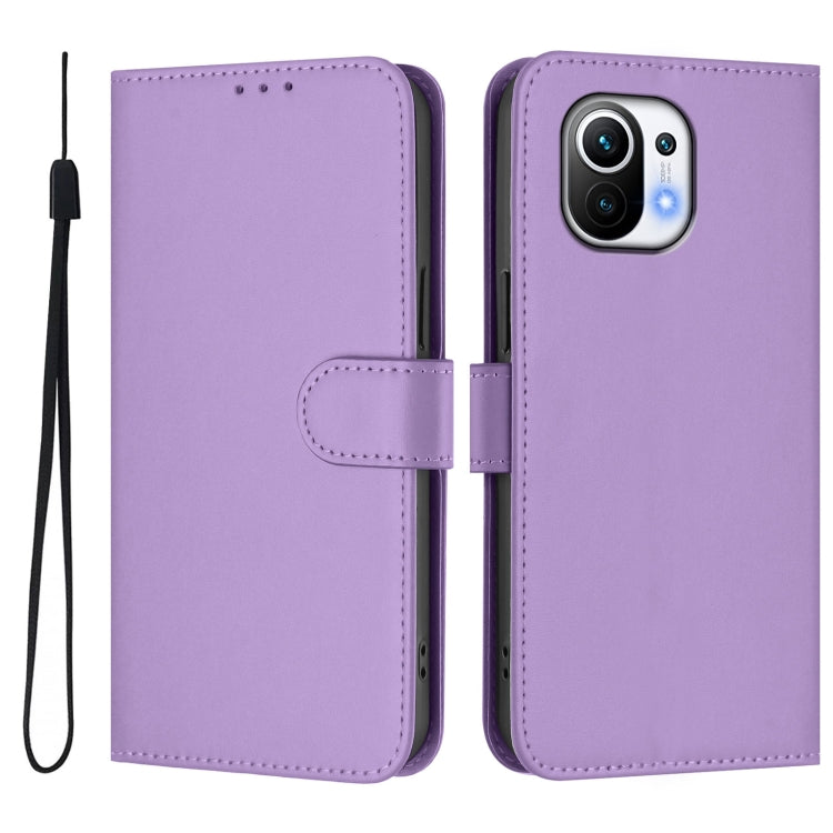 For Xiaomi Mi 11 Skin Feel Solid Color Leather Phone Case with Lanyard