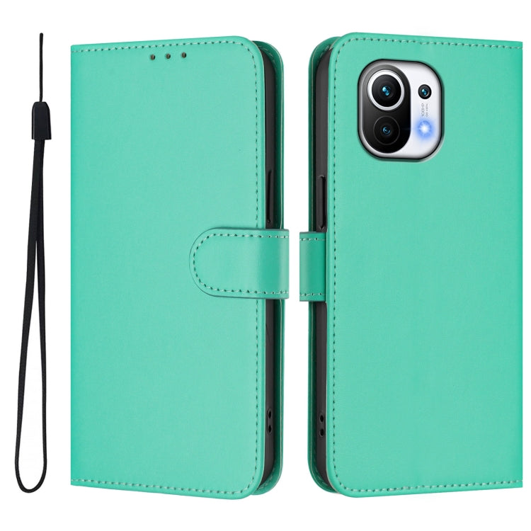 For Xiaomi Mi 11 Skin Feel Solid Color Leather Phone Case with Lanyard