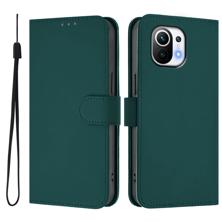 For Xiaomi Mi 11 Skin Feel Solid Color Leather Phone Case with Lanyard