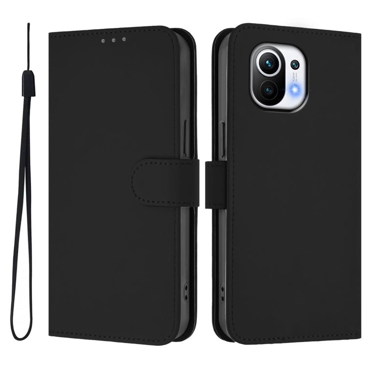 For Xiaomi Mi 11 Skin Feel Solid Color Leather Phone Case with Lanyard