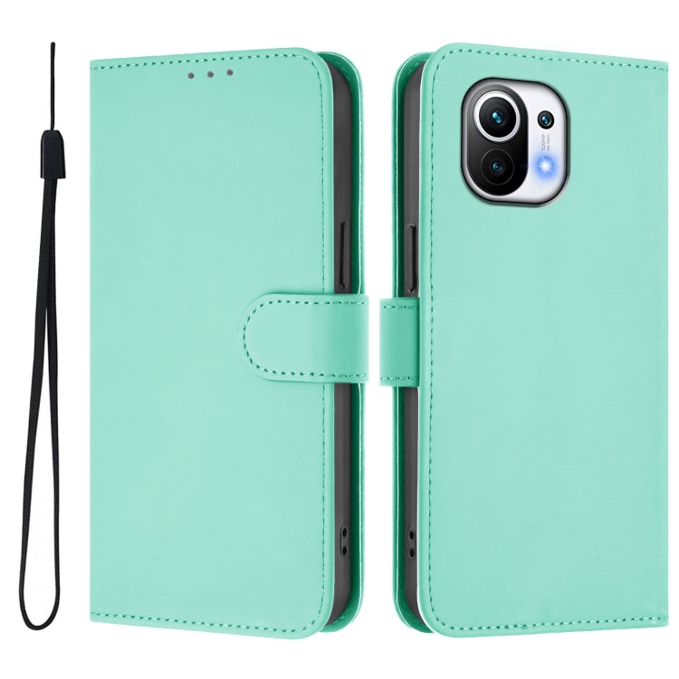 For Xiaomi Mi 11 Skin Feel Solid Color Leather Phone Case with Lanyard