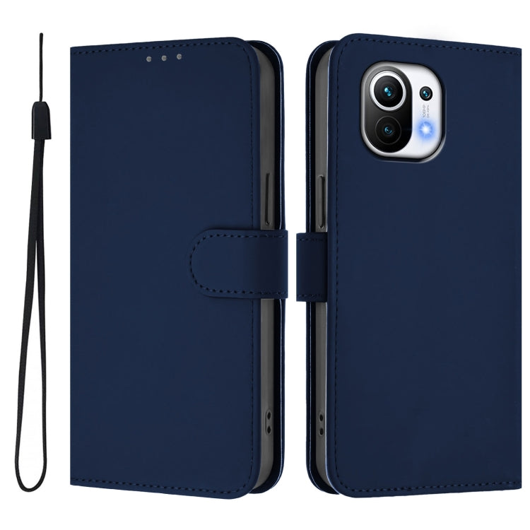 For Xiaomi Mi 11 Skin Feel Solid Color Leather Phone Case with Lanyard