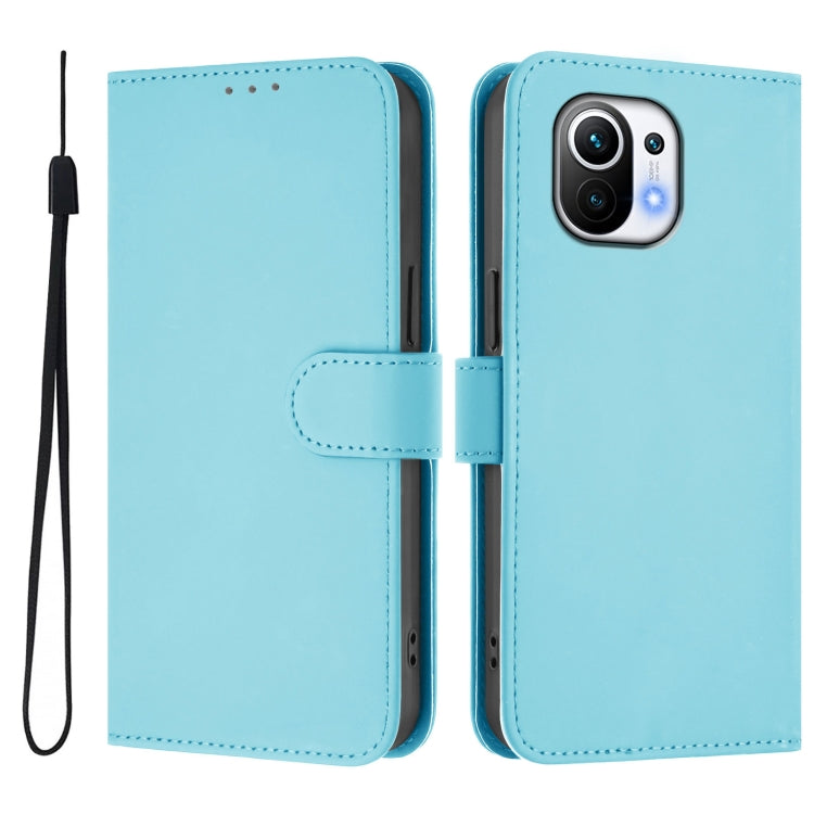 For Xiaomi Mi 11 Skin Feel Solid Color Leather Phone Case with Lanyard