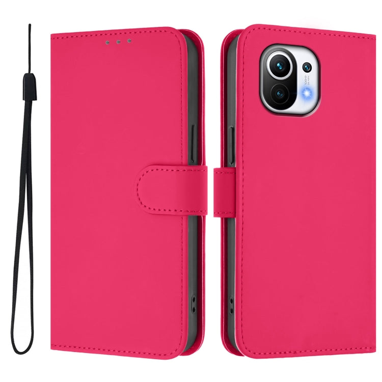 For Xiaomi Mi 11 Skin Feel Solid Color Leather Phone Case with Lanyard