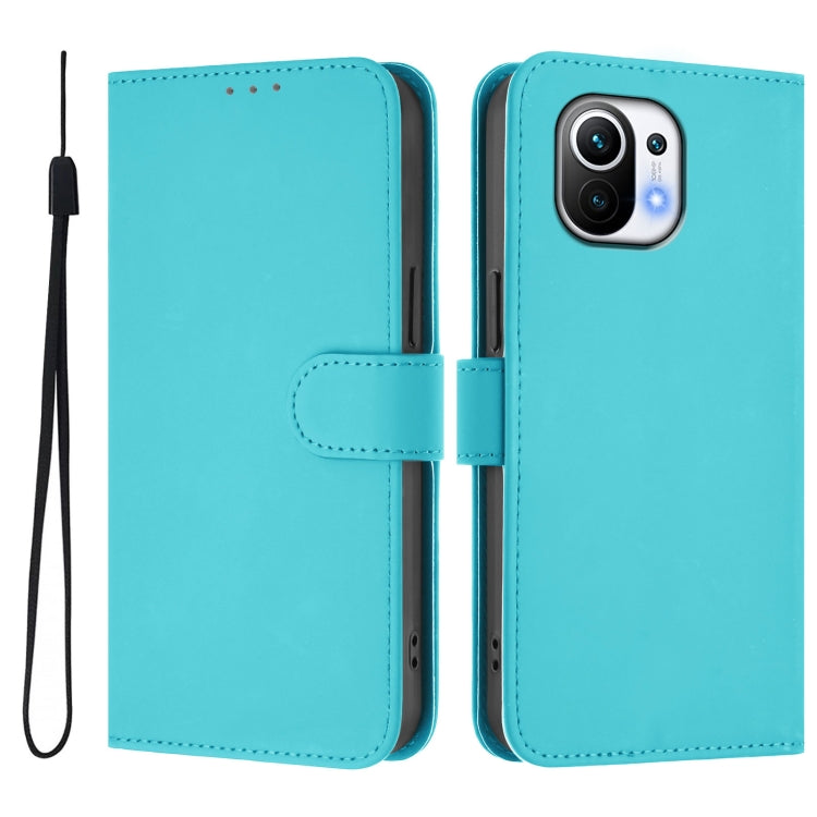 For Xiaomi Mi 11 Skin Feel Solid Color Leather Phone Case with Lanyard