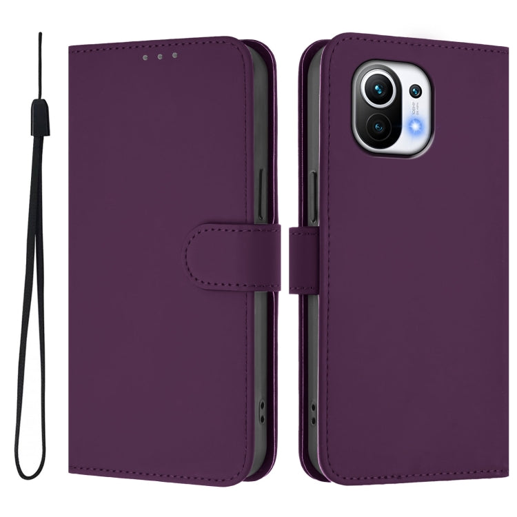 For Xiaomi Mi 11 Skin Feel Solid Color Leather Phone Case with Lanyard
