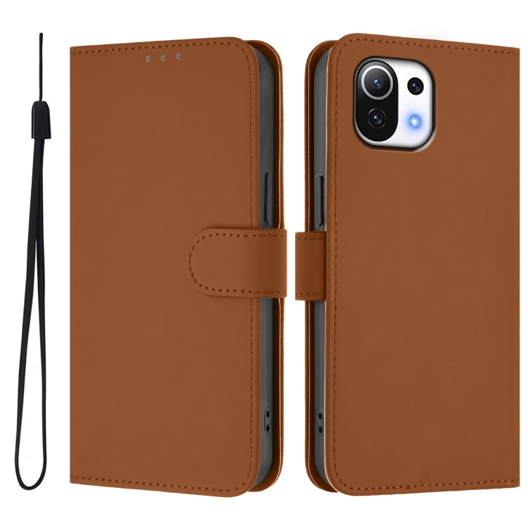 For Xiaomi Mi 11 Lite 5G Skin Feel Solid Color Leather Phone Case with Lanyard