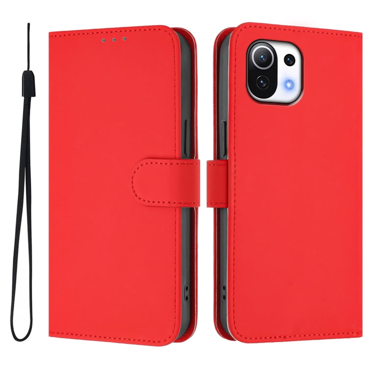 For Xiaomi Mi 11 Lite 5G Skin Feel Solid Color Leather Phone Case with Lanyard