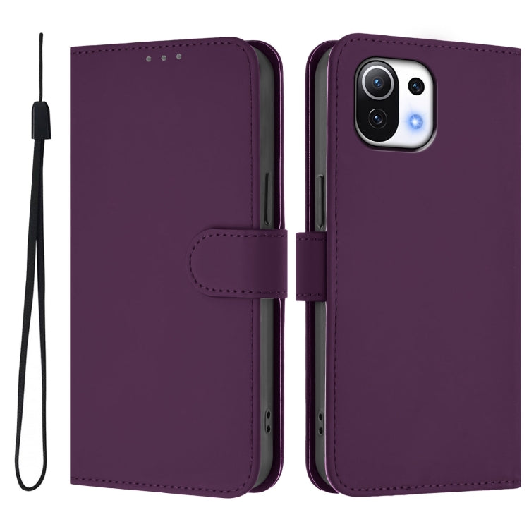 For Xiaomi Mi 11 Lite 5G Skin Feel Solid Color Leather Phone Case with Lanyard