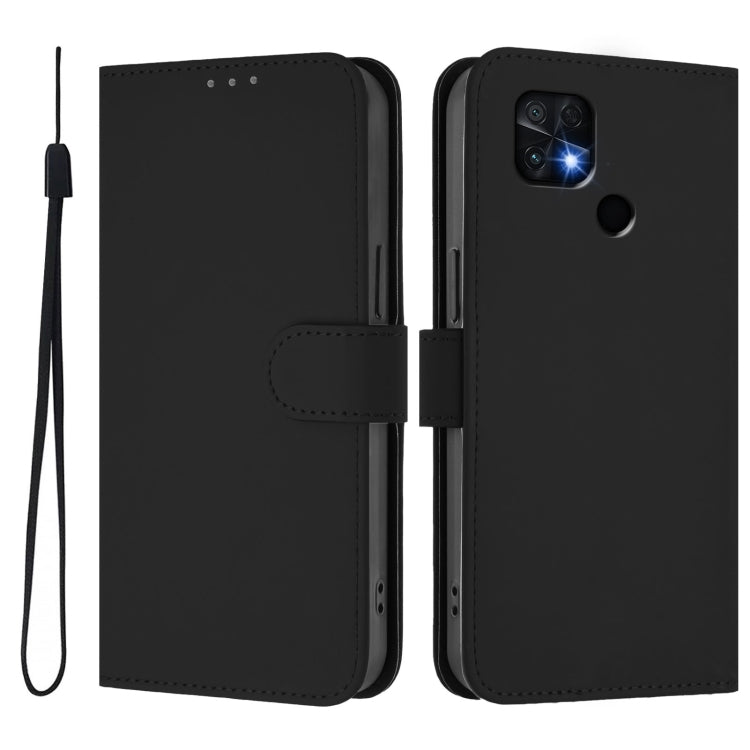 For Xiaomi Poco C40 Skin Feel Solid Color Leather Phone Case with Lanyard