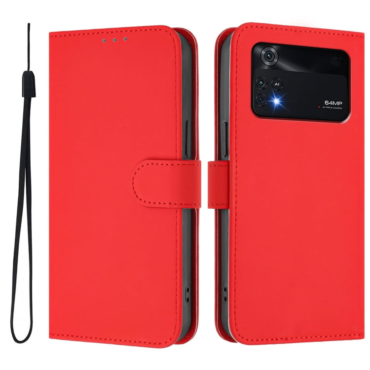 For Xiaomi Poco M4 Pro 4G Skin Feel Solid Color Leather Phone Case with Lanyard