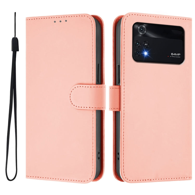 For Xiaomi Poco M4 Pro 4G Skin Feel Solid Color Leather Phone Case with Lanyard