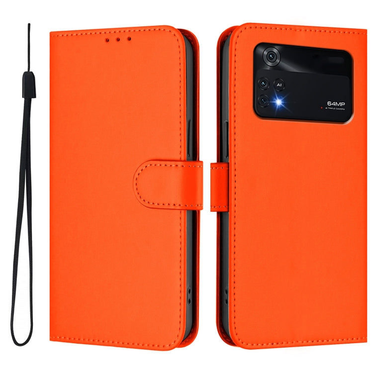 For Xiaomi Poco M4 Pro 4G Skin Feel Solid Color Leather Phone Case with Lanyard