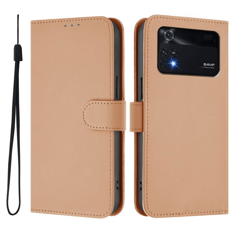 For Xiaomi Poco M4 Pro 4G Skin Feel Solid Color Leather Phone Case with Lanyard