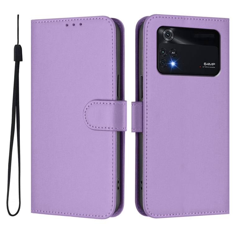 For Xiaomi Poco M4 Pro 4G Skin Feel Solid Color Leather Phone Case with Lanyard