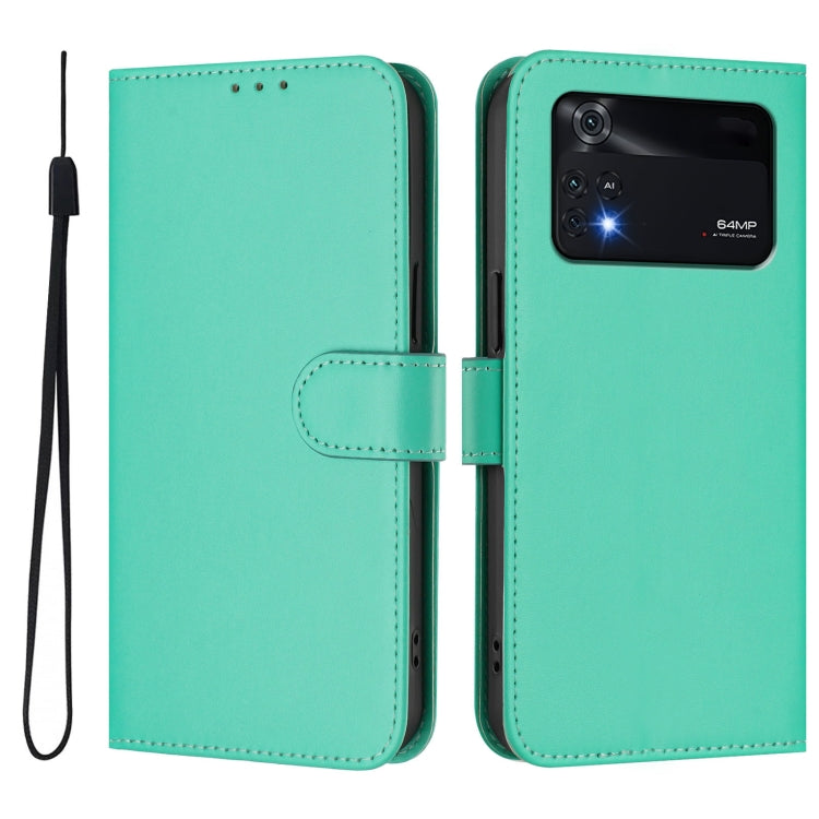 For Xiaomi Poco M4 Pro 4G Skin Feel Solid Color Leather Phone Case with Lanyard