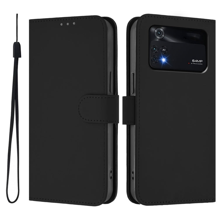 For Xiaomi Poco M4 Pro 4G Skin Feel Solid Color Leather Phone Case with Lanyard