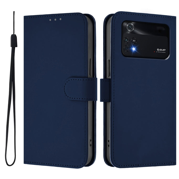 For Xiaomi Poco M4 Pro 4G Skin Feel Solid Color Leather Phone Case with Lanyard