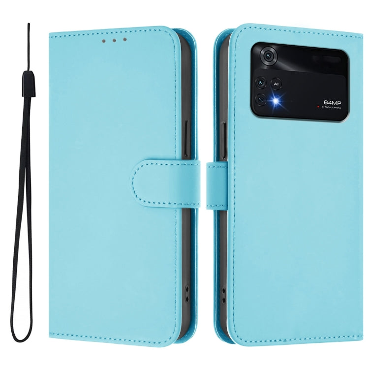 For Xiaomi Poco M4 Pro 4G Skin Feel Solid Color Leather Phone Case with Lanyard