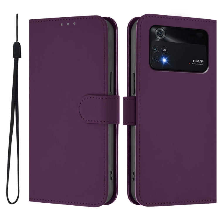 For Xiaomi Poco M4 Pro 4G Skin Feel Solid Color Leather Phone Case with Lanyard
