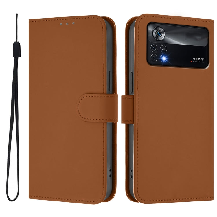 For Xiaomi Poco X4 Pro 5G Skin Feel Solid Color Leather Phone Case with Lanyard