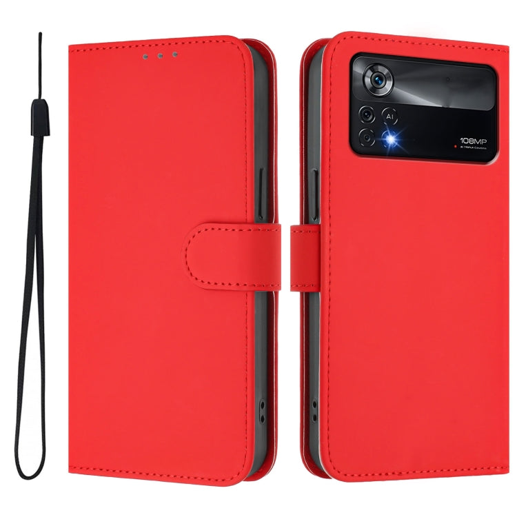 For Xiaomi Poco X4 Pro 5G Skin Feel Solid Color Leather Phone Case with Lanyard