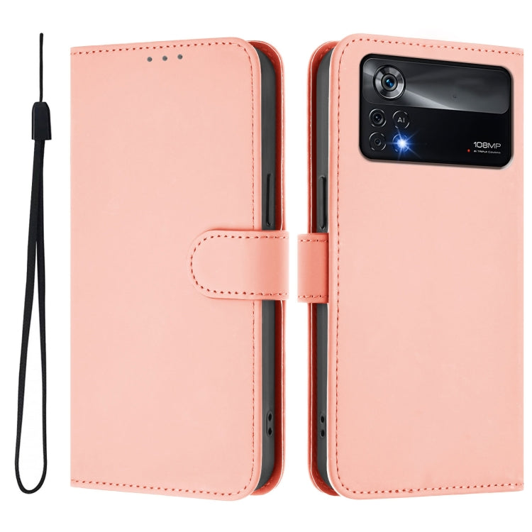 For Xiaomi Poco X4 Pro 5G Skin Feel Solid Color Leather Phone Case with Lanyard