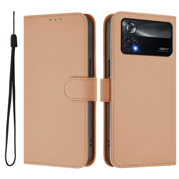 For Xiaomi Poco X4 Pro 5G Skin Feel Solid Color Leather Phone Case with Lanyard