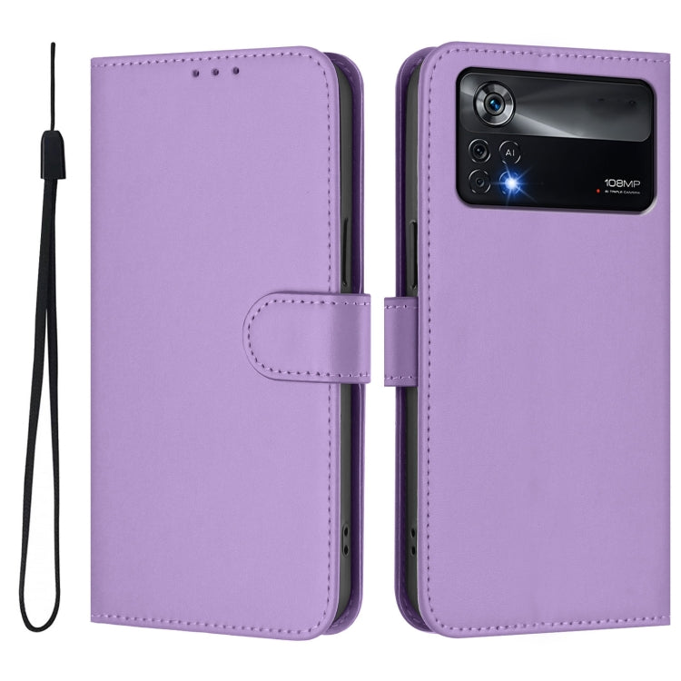 For Xiaomi Poco X4 Pro 5G Skin Feel Solid Color Leather Phone Case with Lanyard