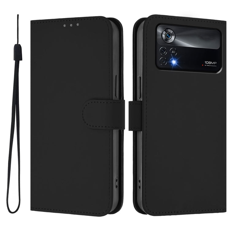 For Xiaomi Poco X4 Pro 5G Skin Feel Solid Color Leather Phone Case with Lanyard