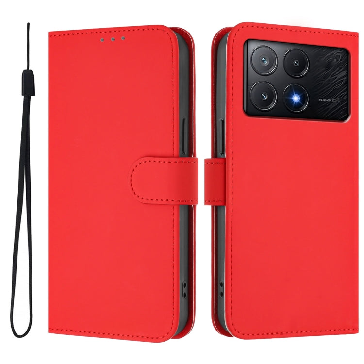 For Xiaomi Poco X6 Pro Skin Feel Solid Color Leather Phone Case with Lanyard